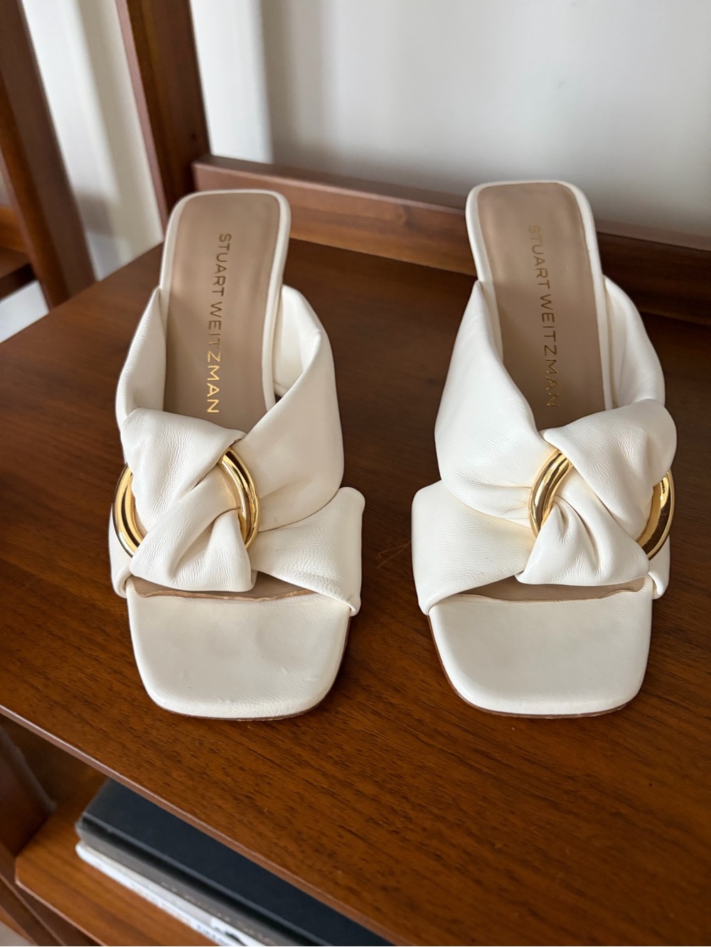 Stuart Weitzman Ivory Knotted Slide Sandals with Gold Ring
